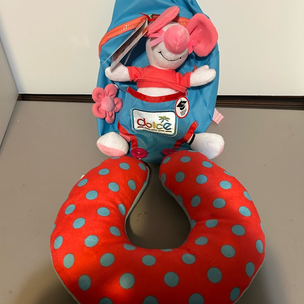 Dolce Kids Travel Neck Pillow with Toy and mini Backpack - Blue and Red